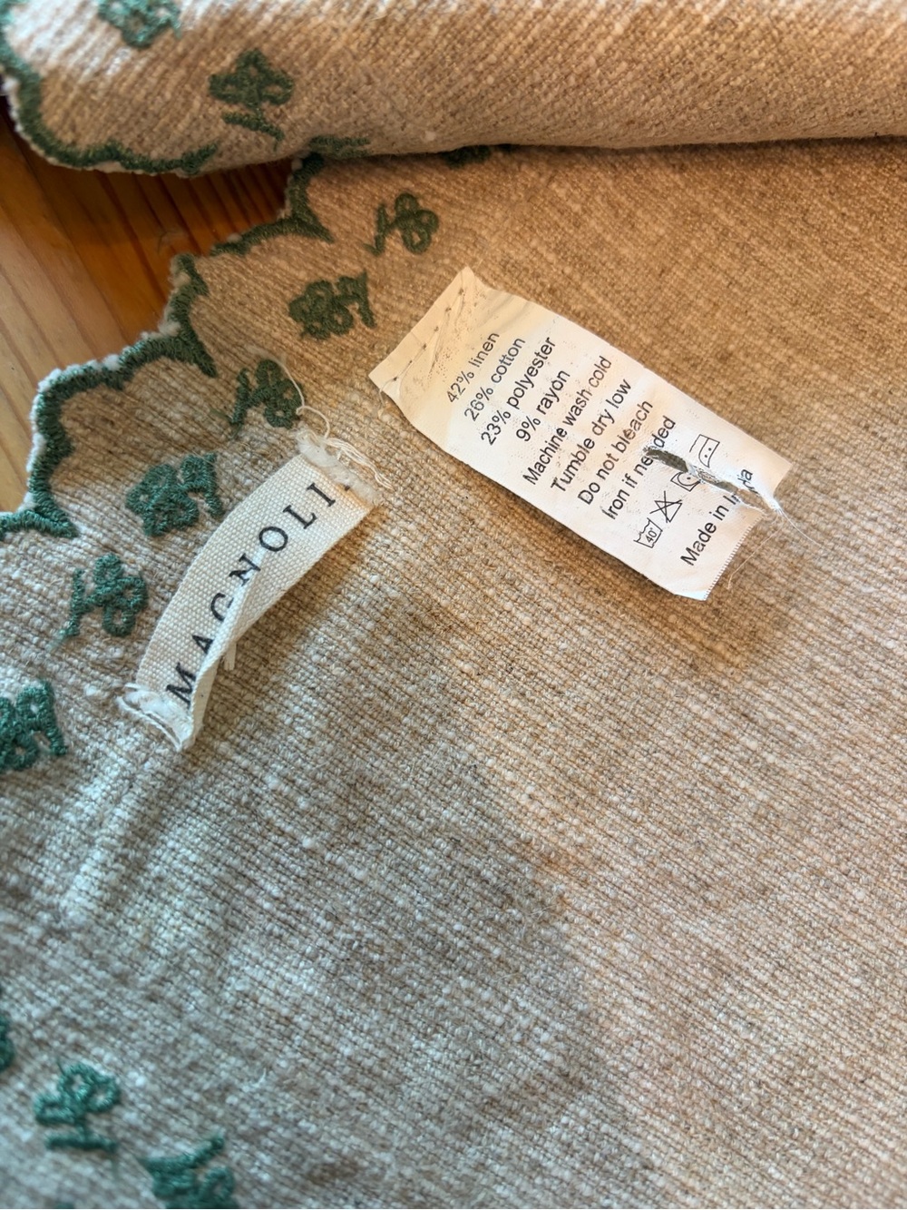 Magnolia Table Runner 66” Beige With Green Embroidered Floral Trim Linen Blend - Picture 4 of 4